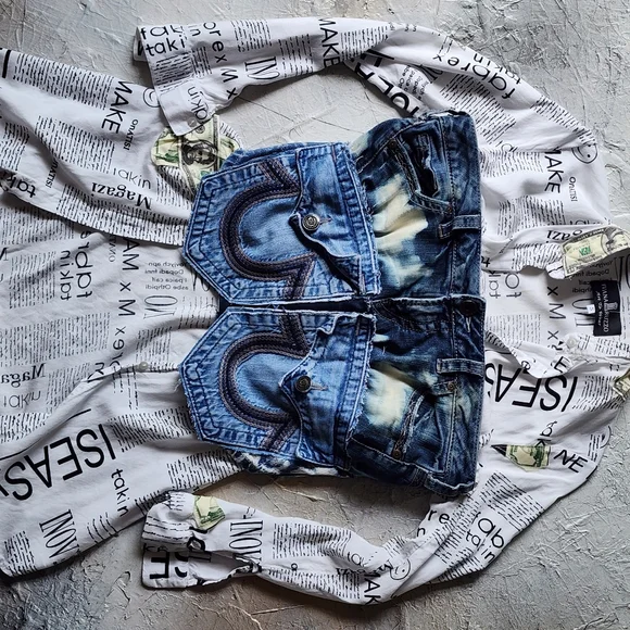 Designer Corset Sexy Top Upcycled Denim Distressed Fabric Boho Shabby Chic - Picture 11 of 14